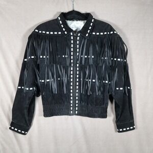 M. Julian VTG Black Leather Suede Fringe Western Jacket White Trim Women's Med